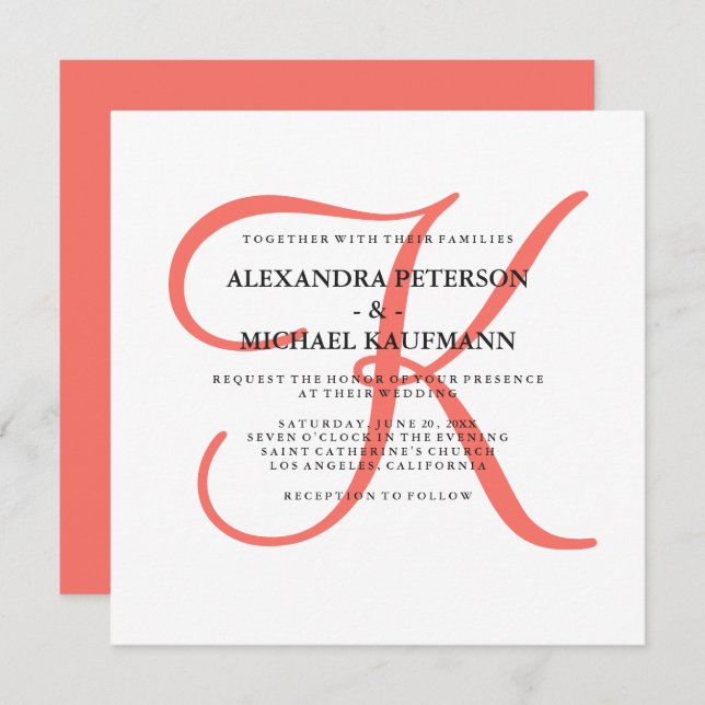 Classic Coral Monogram Wedding Invitation (Front/Back)