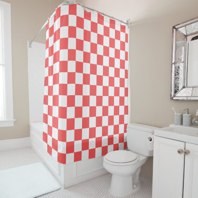 Classic coral red chequerboard shower curtain (In Situ)