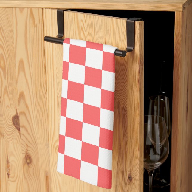 Classic coral red chequerboard tea towel (Thirds Fold)