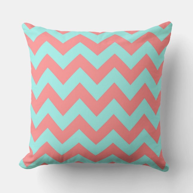 Classic Coral & Turquoise Chevron Pattern Cushion (Front)