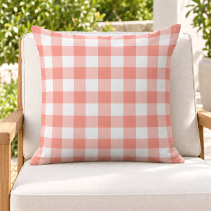 Classic Coral White Gingham Plaid Check Cushion