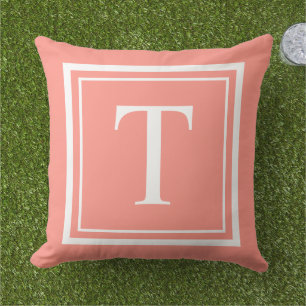 Classic Coral White Square Frame Monogram Cushion