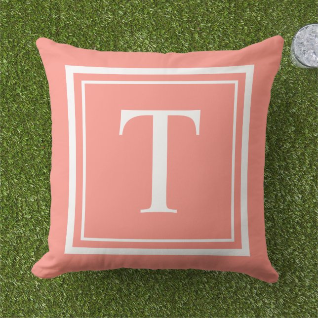Classic Coral White Square Frame Monogram Cushion (Grass)