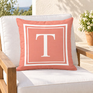 Classic Coral White Square Frame Monogram Cushion