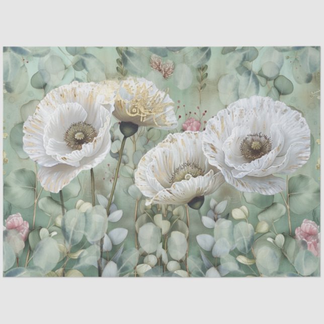 Classic Country Chic White Poppies & Eucalyptus Tissue Paper (Front)