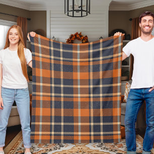 Classic Cozy Autumn Blue and Orange Plaid Fleece Blanket