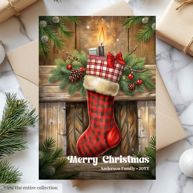 Classic cozy Christmas stocking card pine wreath (Classic Christmas bells card with pine wreath design

)