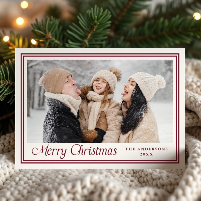 Classic Cranberry Border Merry Christmas Photo Holiday Card (Creator Uploaded)