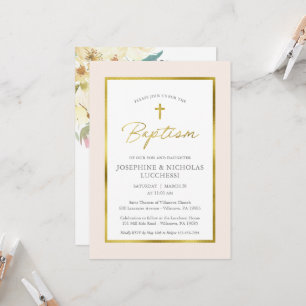 Classic Cream and Gold Script Twins Baptism  Invit Invitation