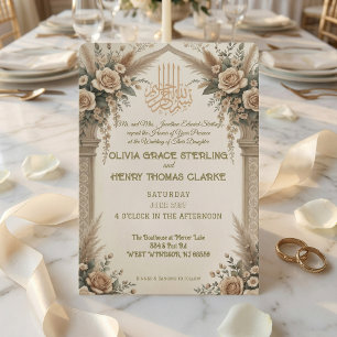 Classic Cream Antique Gold Floral Islamic Wedding Invitation
