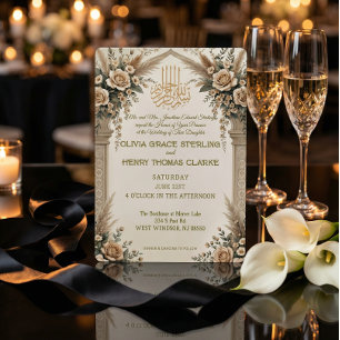Classic Cream Antique Gold Floral Islamic Wedding Invitation