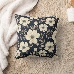 Classic Cream Flowers On Dark Navy Blue Background Cushion