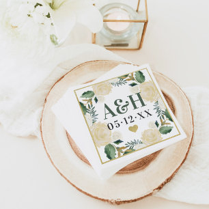 Classic Cream Gold Floral Heart Monogram Wedding Napkin