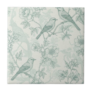 Classic Cream Mint Bird Garden Toile Pattern Ceramic Tile