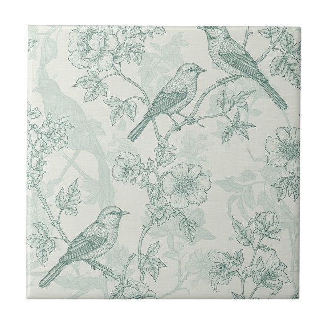 Classic Cream Mint Bird Garden Toile Pattern Ceramic Tile (Front)
