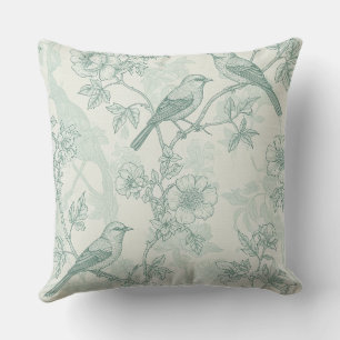 Classic Cream Mint Bird Garden Toile Pattern Cushion