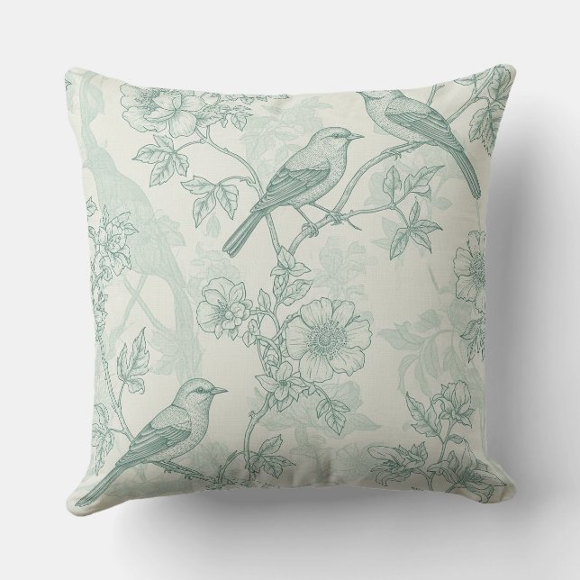 Classic Cream Mint Bird Garden Toile Pattern Cushion (Back)