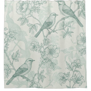 Classic Cream Mint Bird Garden Toile Pattern Shower Curtain