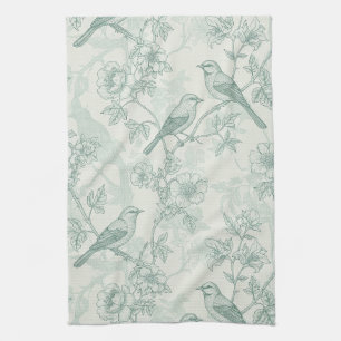 Classic Cream Mint Bird Garden Toile Pattern Tea Towel
