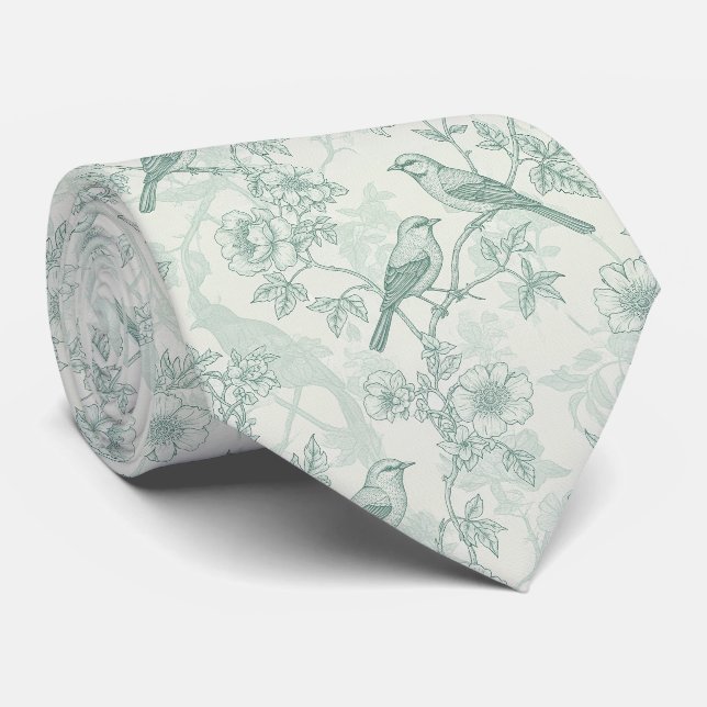 Classic Cream Mint Bird Garden Toile Pattern Tie (Rolled)