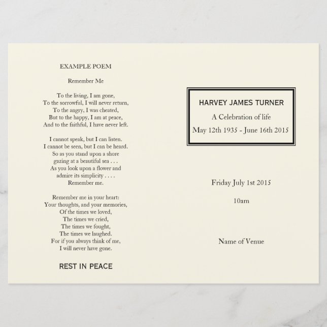 Classic Cream Order of Service Funeral Program (Front)