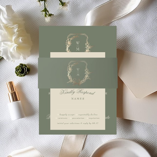 Classic Cream & Sage Monogram Gold Crest Wedding I Invitation Belly Band (Creator Uploaded)