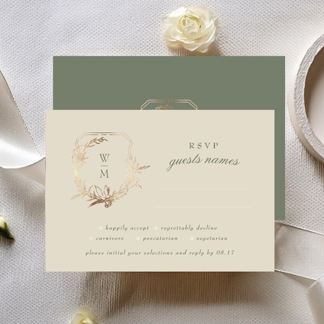 Classic Cream & Sage Monogram Gold Crest Wedding RSVP Card (Creator Uploaded)