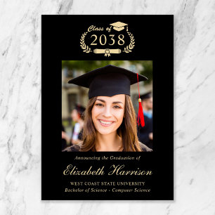 Classic Crest Black Gold Photo College Graduation Announcement