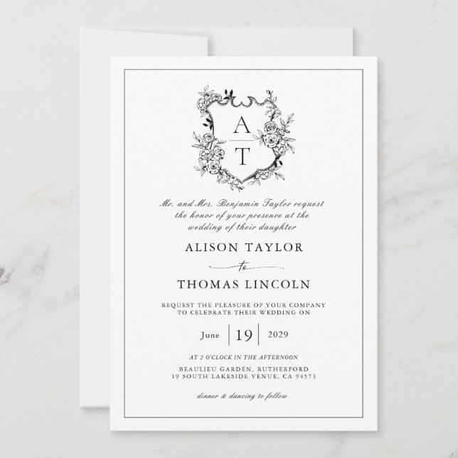 Classic Crest Black White Wedding QR Code Invitation (Front)