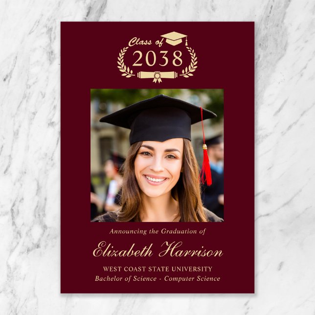 Classic Crest Burgundy Photo College Graduation Announcement (Classic Crest Burgundy Photo College Graduation Announcement)