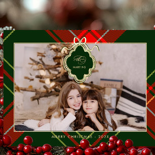 Classic Crest Christmas Red Green Plaid Photo Foil Holiday Postcard