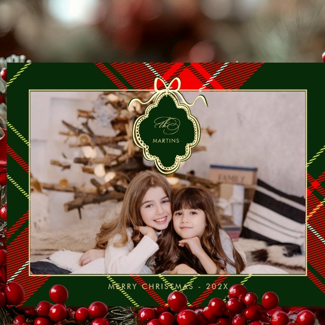 Classic Crest Christmas Red Green Plaid Photo Foil Holiday Postcard (Creator Uploaded)