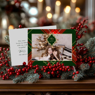 Classic Crest Christmas Red Green Plaid Photo Holiday Postcard