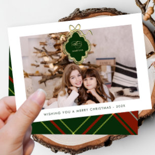 Classic Crest Christmas Red Plaid Photo Holiday Card
