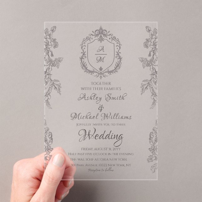 Classic Crest Minimalist Simple Monogram Wedding Acrylic Invitations (Insitu (Handheld))