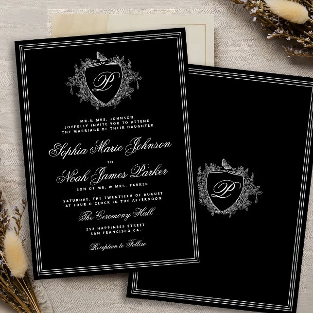 Classic crest monogram black and white wedding invitation (Creator Uploaded)