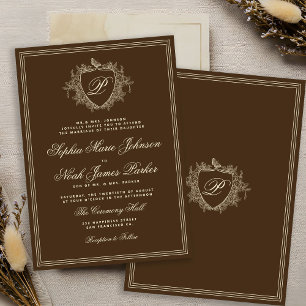 Classic crest monogram brown wedding invitation