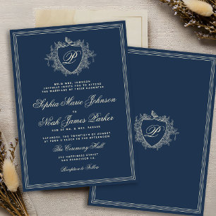Classic crest monogram navy blue wedding invitation