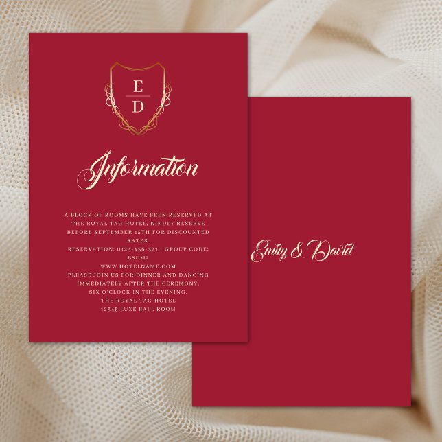 Classic Crimson Red Golden Monogram Luxury   Enclosure Card (Creator Uploaded)