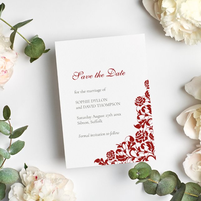 Classic Crimson Red Rose Lace Pattern Wedding Save The Date (Creator Uploaded)