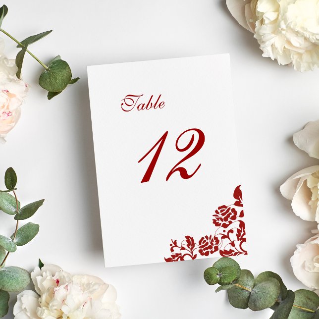 Classic, Crimson Red Rose Lace Wedding Table Number (Creator Uploaded)