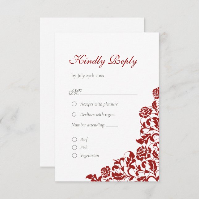 Classic Crimson Rose Red Lace Wedding  RSVP Card (Front/Back)