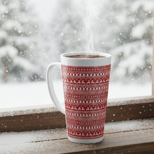 Classic Cristmas Reindeer Snowflakes Red and White Latte Mug