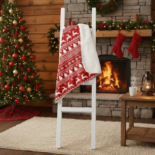 Classic Cristmas Reindeer Snowflakes Red and White Sherpa Blanket