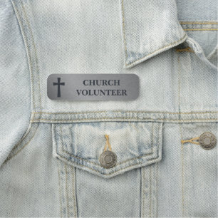 Classic Cross Faux Brushed Steel Church Volunteer Name Tag