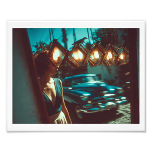 Classic Cuban car, woman walking past lamps Photo Print