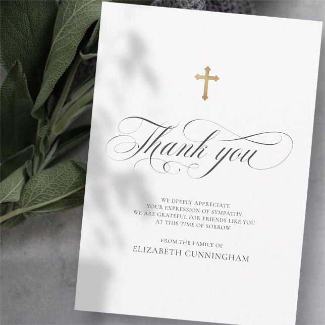 Classic Cursive Script Calligraphy Cross Memorial Thank You Card (Creator Uploaded)