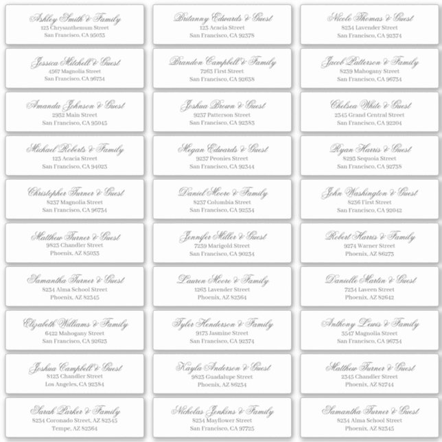 Classic Cursive Script Wedding Guest Names Address (Front)