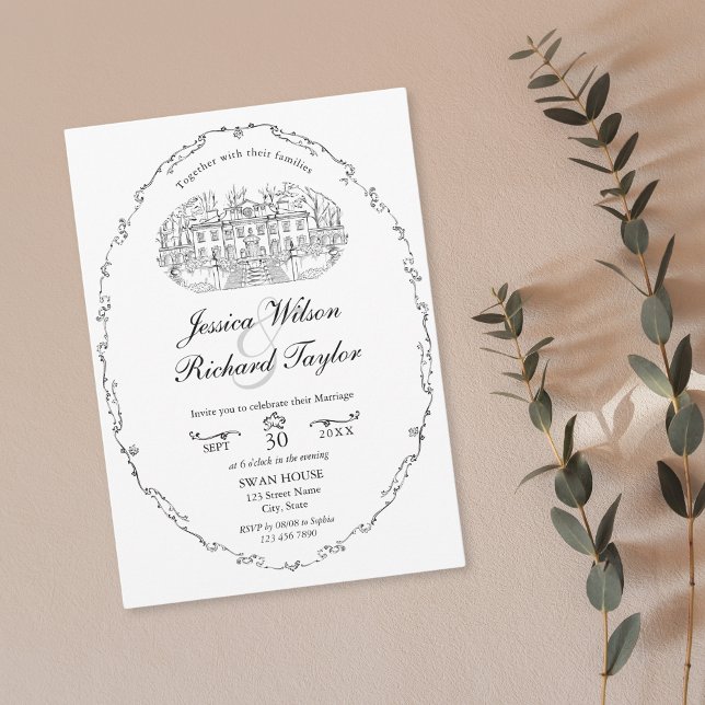 Classic Custom Hand Drawn Venue Manor Illustration Invitation (custom hand drawn classic wedding venue illustration invitation with border)