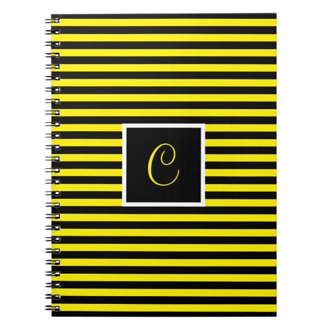 Classic Custom Initial Yellow and Black Striped Notebook (Front)